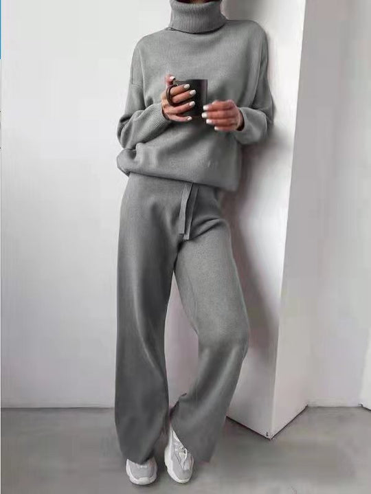 Damen kuscheliges Strick-Loungewear-Set mit weiten Hosen und elegantem Rundhalsausschnitt EB