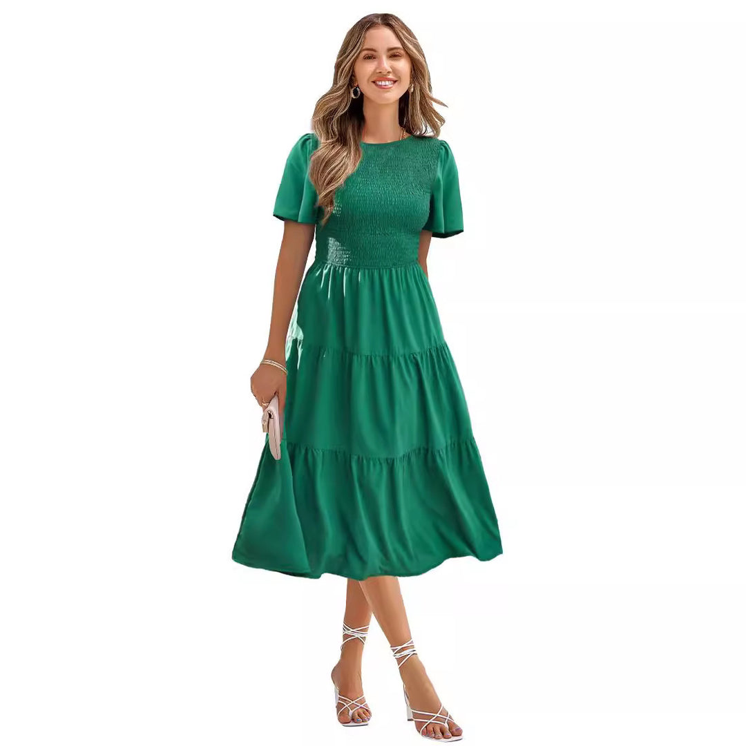 Damen Langes Wickelkleid mit elastischem Taillenbund und kurzen Ärmeln EB