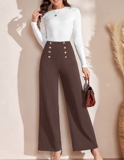 Damen Hochwaisted Weite Hose mit dekorativen Knöpfen EB