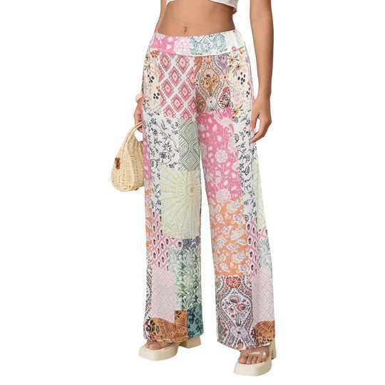 Damen Komfortable weite Stoffhose mit buntem Patchwork-Muster EB