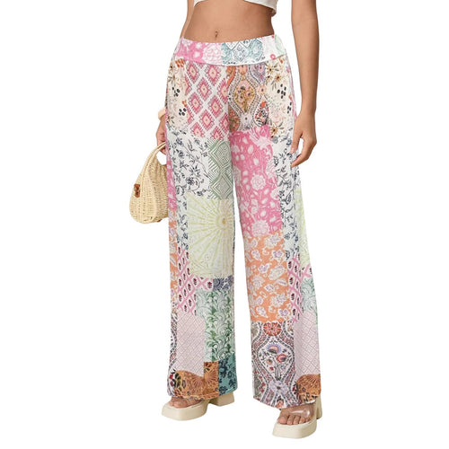 Damen Komfortable weite Stoffhose mit buntem Patchwork-Muster EB