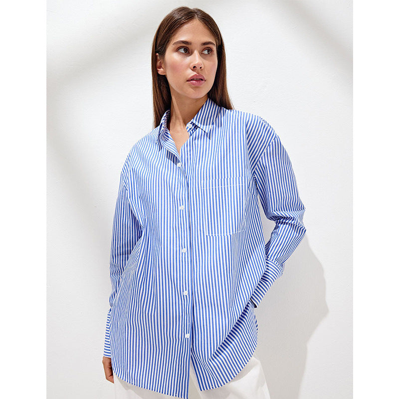 Damen Elegante, gestreifte Bluse mit klassischem Kragen und Taschen EB