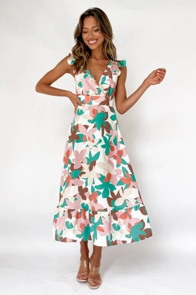 Damen Langärmliges Maxikleid mit verspieltem Rüschendesign und offenem Rücken EB