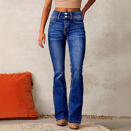 Damen Hohe Taille Flared Jeans mit dekorativen Knopfdetails und figurschmeichelndem Schnitt EB