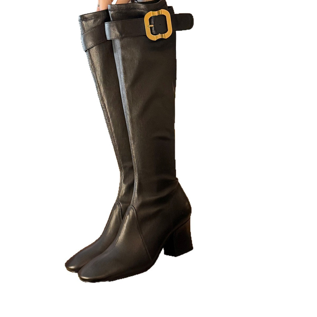 Damen elegante Overknee-Stiefel mit dekorativem Schnallenverschluss und moderner Blockabsatz EB