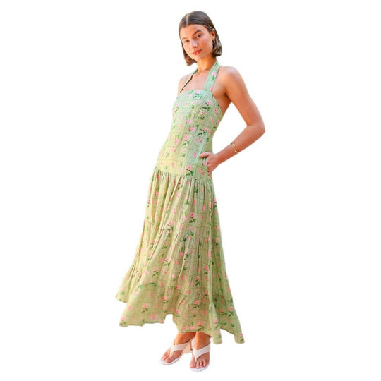 Damen Maxikleid mit verspieltem Halterneck-Design und floralem Mustermix EB