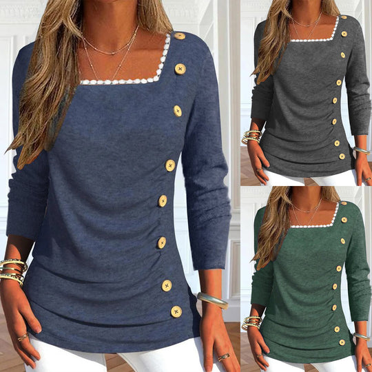 Damen Langarmshirt mit quadratischem Ausschnitt und dekorativen Knopfdetails EB