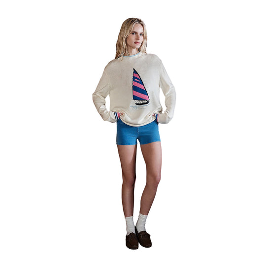 Damen Oversize Strickpullover mit Segelboot-Intarsie EB