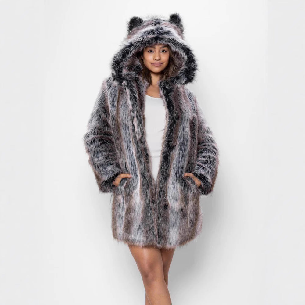 Damen Hooded Faux-Fur-Mantel mit Ohrenschützer EB