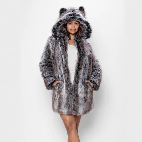 Damen Hooded Faux-Fur-Mantel mit Ohrenschützer EB