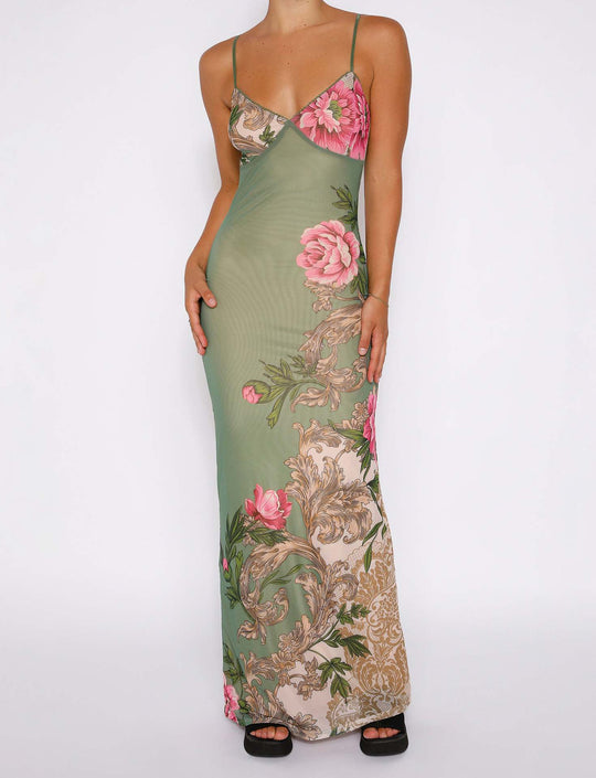 Damen elegantes Maxikleid mit floralen Akzenten und feinen Spaghettiträgern EB
