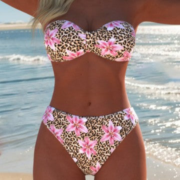 Damen Bandeau-Bikini mit floralem und animalischem Design EB
