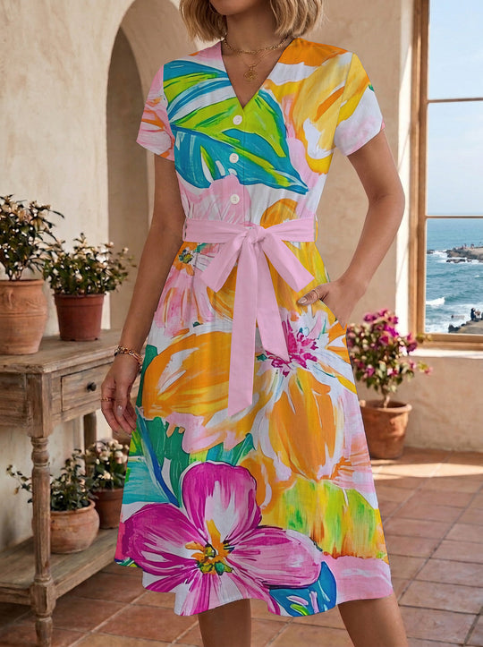 Damen Midikleid mit farbenfrohem Blumendesign und taillierbarem Bindegürtel EB