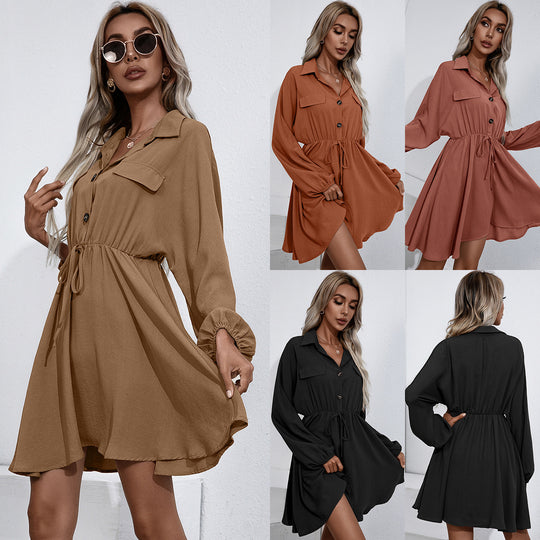 Damen lässiges Shirtkleid mit Knopfdetails und elastischem Taillenzug EB