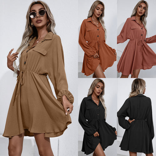 Damen lässiges Shirtkleid mit Knopfdetails und elastischem Taillenzug EB