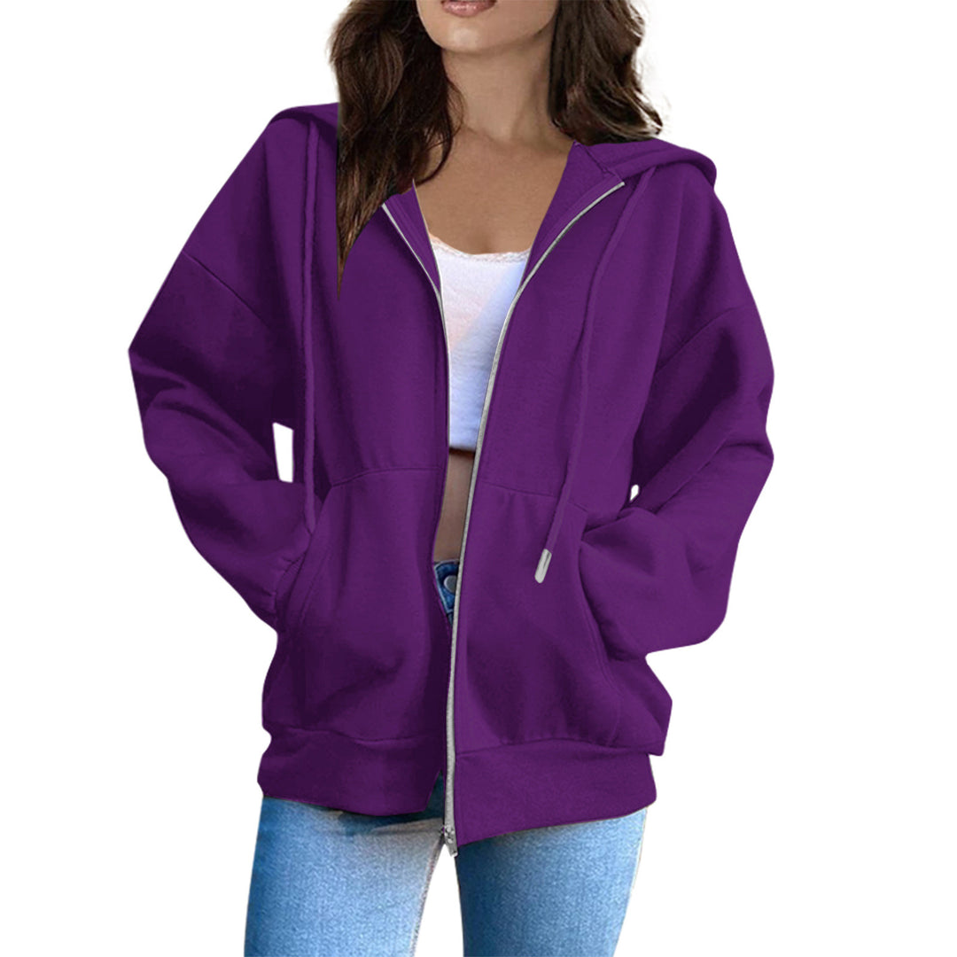Damen nan lässige Kapuzenjacke mit durchgehendem Reißverschluss, Kängurutaschen und voluminösen Raglanärmeln EB