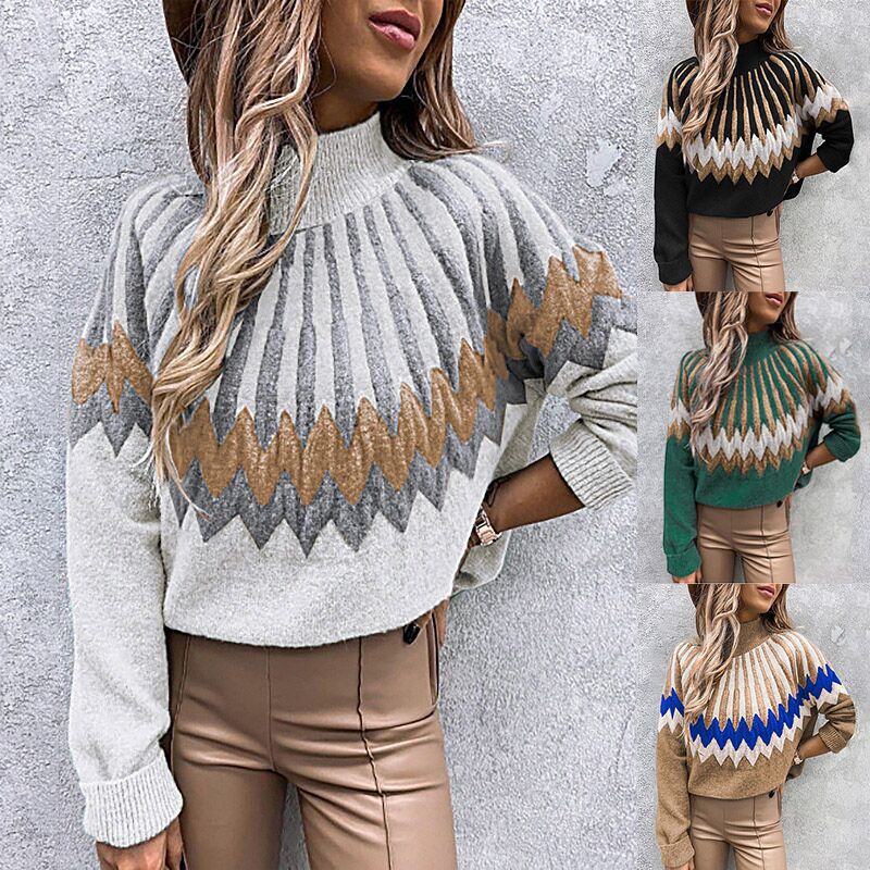 Damen Modischer Grobstrickpullover mit grafikintensivem Design und hohen Kragen EB