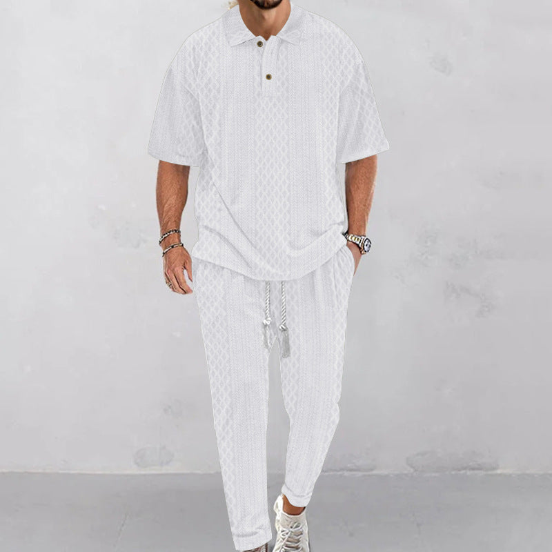 Herren nan Jacquard-Loungewear-Set mit Polokragen Kordelzugbund und konisch geschnittener Jogginghose EB