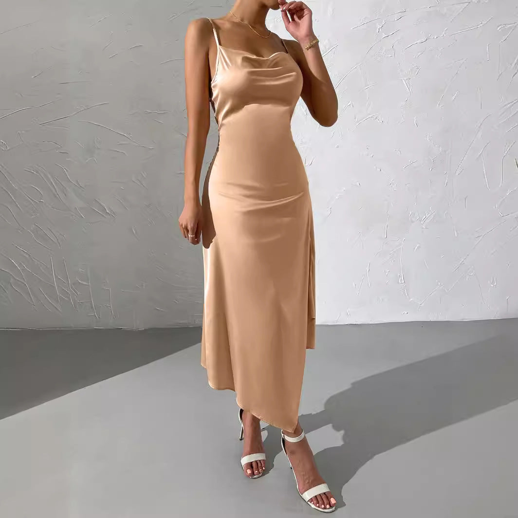 Damen langes Satin-Kleid mit sinnlichem Schlitz EB