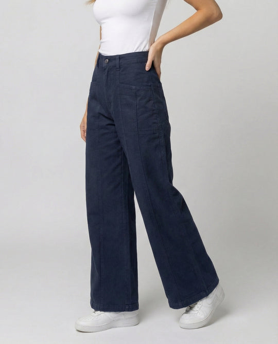 Damen hochtaillierte weite Ziernaht-Twillhose mit sichtbarer Stepplinie, Reißverschluss-Fly und tiefem Schritt EB