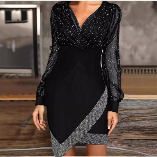 Damen Elegantes Wickelkleid mit funkelnden Details und transparenten Ärmeln EB