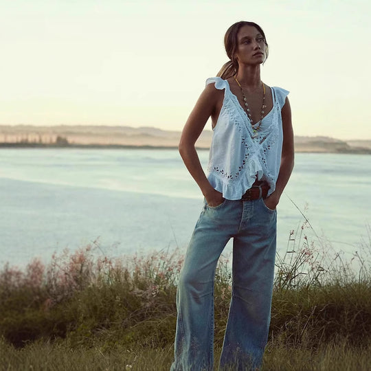 Damen luftiger Leinen-Crop-Top mit Rüschen EB
