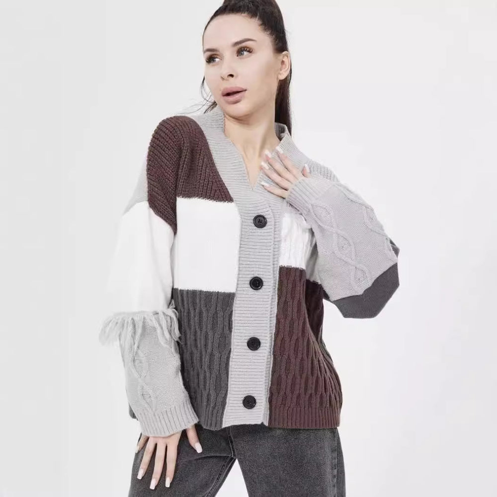 Damen grob gestrickter Cardigan mit modischem Farbblockdesign und Knopfleiste EB