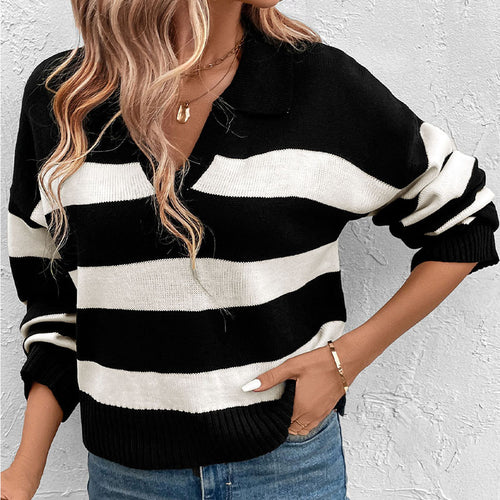 Damen Strickpullover mit V-Ausschnitt und Streifenmuster EB