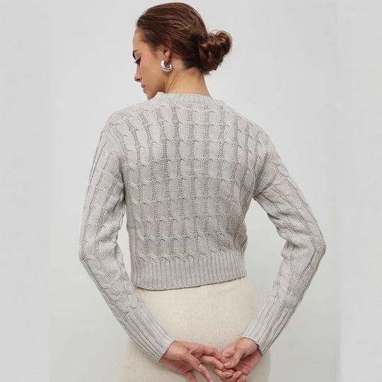 Damen Kurzgeschnittener Zopfstrick-Pullover mit Rundhalsausschnitt und Rippbündchen EB