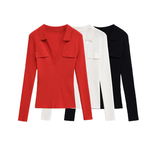 Damen Langarmshirt mit V-Ausschnitt und dekorativen Taschen EB
