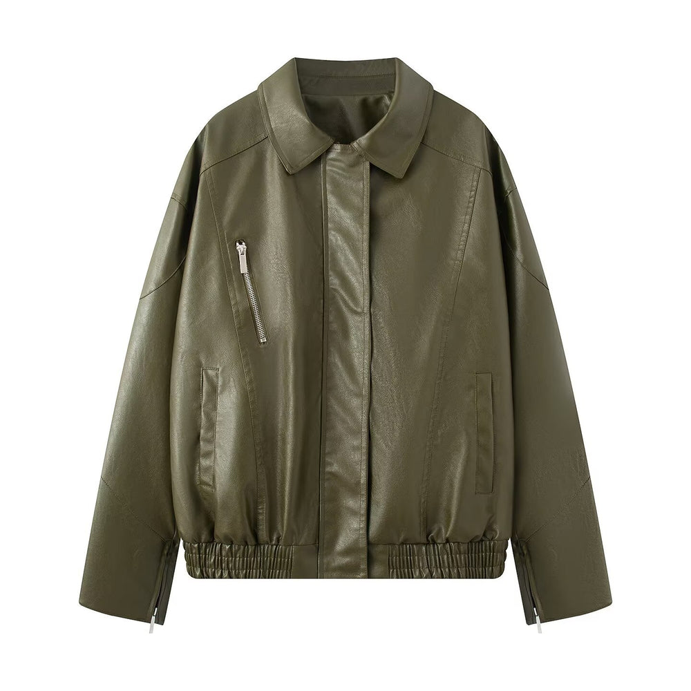 Damen elegante Kunstlederjacke mit praktischen Reißverschluss-Taschen EB