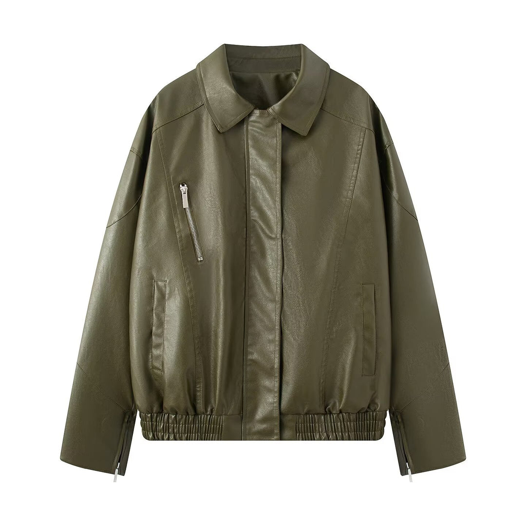 Damen elegante Kunstlederjacke mit praktischen Reißverschluss-Taschen EB