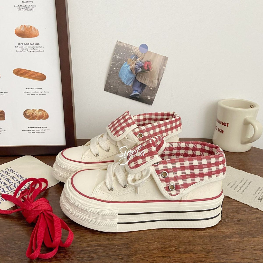 Damen Plateau Sneakers mit modischem Karomuster und elastischen Schnürsenkeln EB