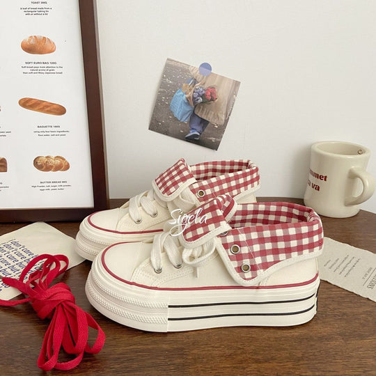 Damen Plateau Sneakers mit modischem Karomuster und elastischen Schnürsenkeln EB