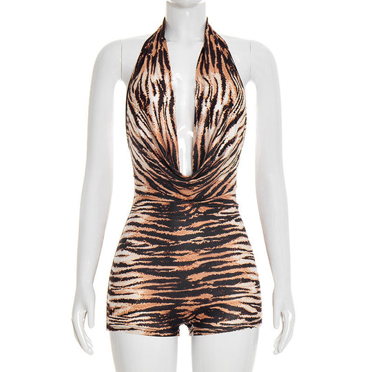 Damen Bodycon Playsuit mit tiefem Ausschnitt und Animal Print EB