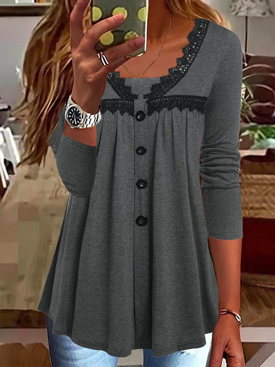 Damen A-Linien Tunika-Shirt mit Knopfleiste, Spitzen‑Yokebesatz und geraffter Empire‑Naht EB