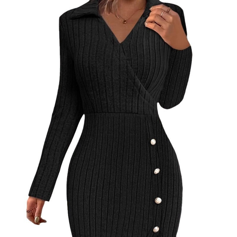 Damen Strickkleid mit V-Ausschnitt und Knopfdetails EB