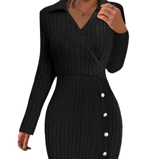 Damen Strickkleid mit V-Ausschnitt und Knopfdetails EB