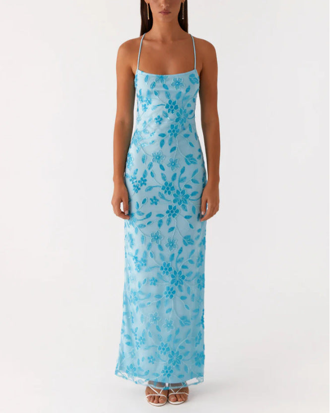 Damen Couture Maxikleid mit floralem Smock-Design und verführerischem Rücken EB