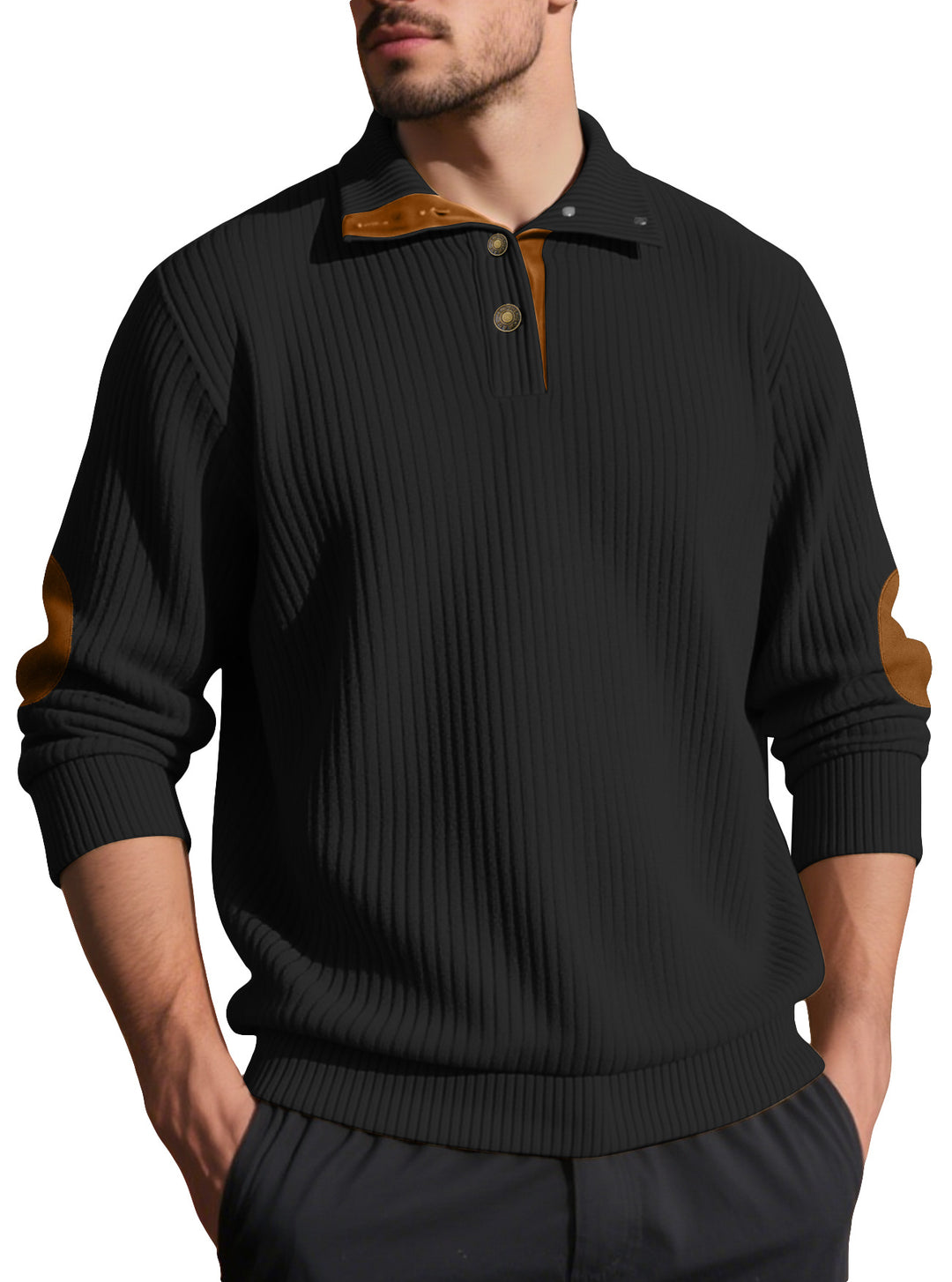 Herren nan Rippstrick-Halbknopf-Pullover mit Kentkragen und Lederbesatz EB