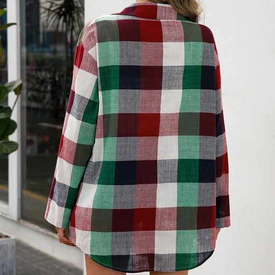 Damen Karierter Hemdblusenkleid aus hochwertigem Material mit langen Ärmeln EB