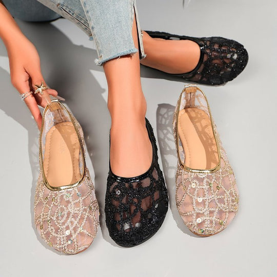Damen Ballerinas mit funkelndem Strass und luftiger Netzstruktur EB