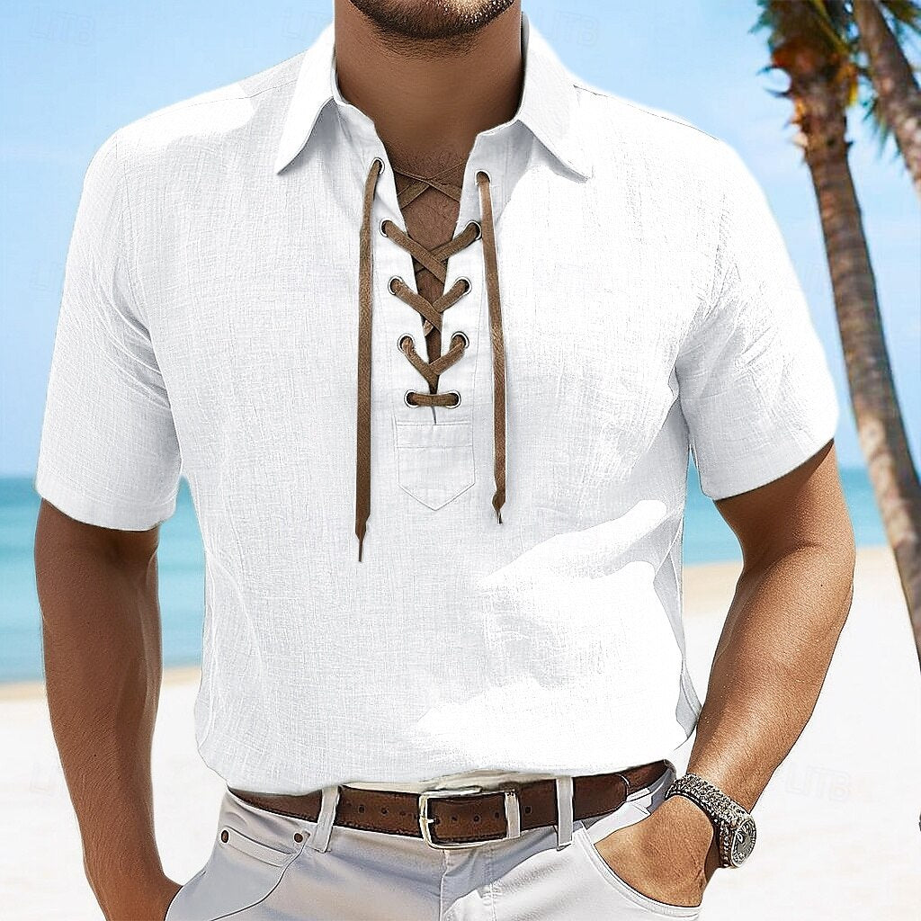 EB | Leinen Revers Tether V-Ausschnitt Kurzarm-Shirt