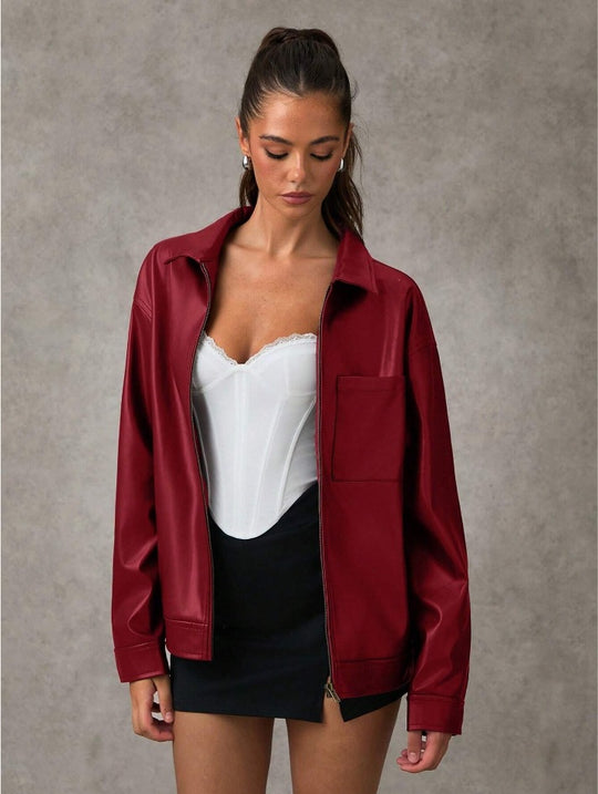 Damen Kunstlederjacke mit oversized Schnitt und praktischer Brusttasche EB