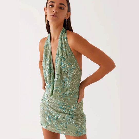Damen Glamouröses Etuikleid mit tiefem V-Ausschnitt und besticktem Design EB