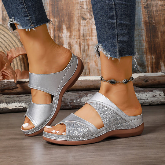 Damen Sandalen mit schimmernden Glitzer-Akzenten und komfortablem Fußbett EB