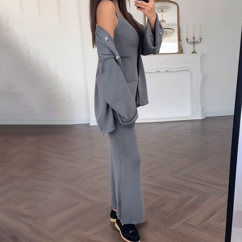 Damen Strickanzug mit elegantem Blazer und ärmellosem Maxikleid EB