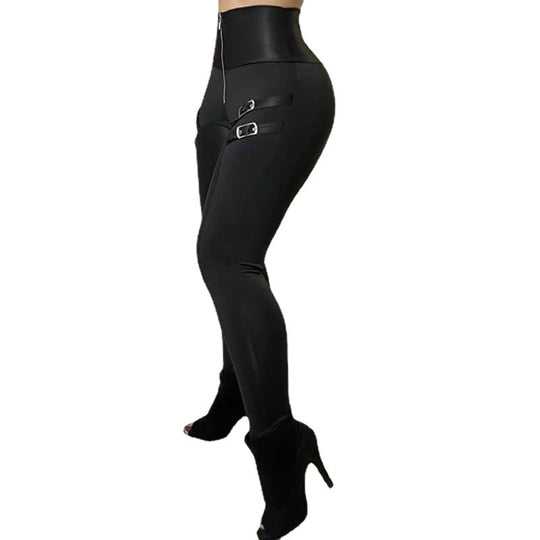 Damen Figurbetonte Kunstleder-Leggings mit Schnallen-Details EB