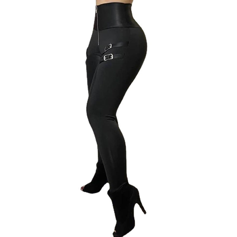 Damen Hochbund-Leggings mit modischen Riemen und Reißverschluss EB