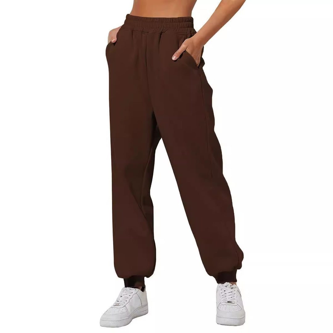 Damen nan lockere High‑Waist Jogginghose mit doppellagigem Komfortbund, seitlichen Eingrifftaschen und gerafften Knöchelbündchen EB